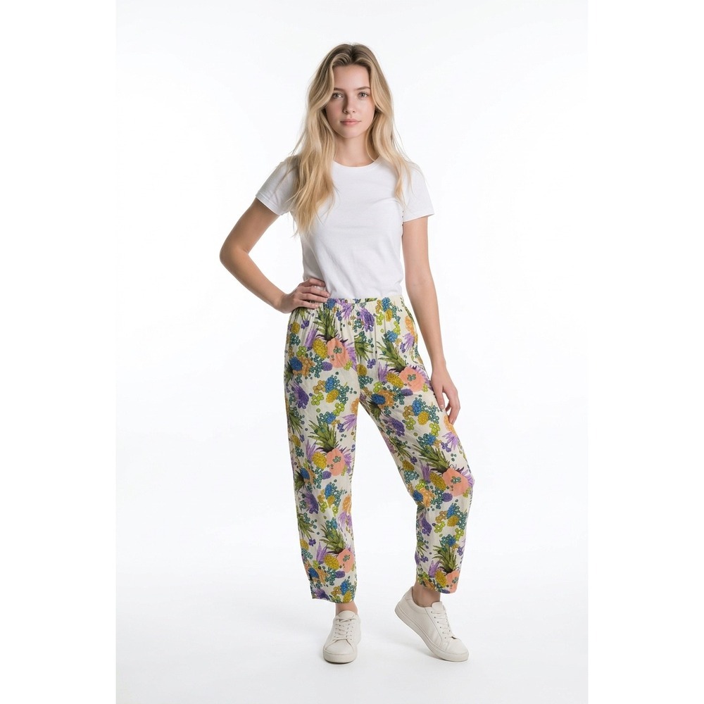 Ethnic Womens Tropical Fruit Pineapple Elastic Waist Tapered Pants‎ Large